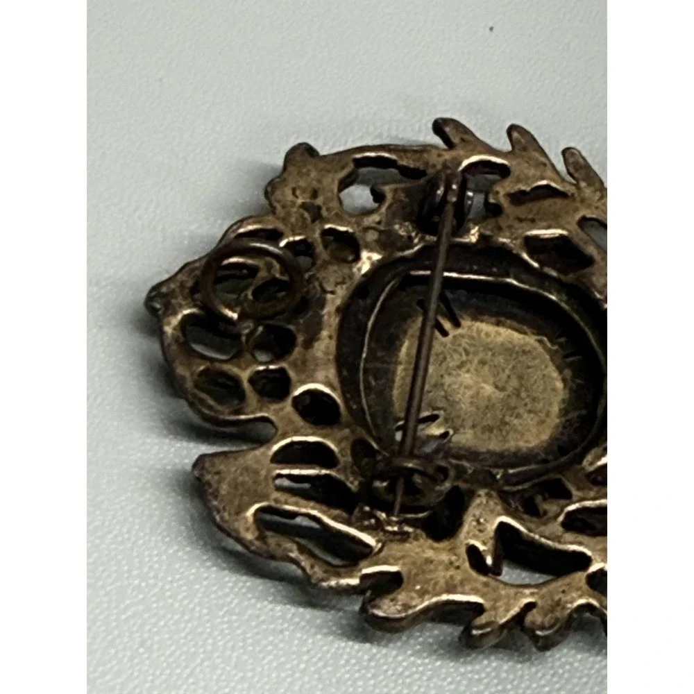 Vintage Green‎ Enamel Wreath Ornate Maltese Cross Brooch Pin Brass Tone Pendant